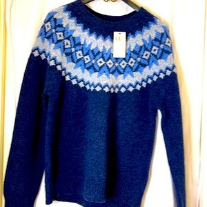 NWT. Polo by Ralph Lauren, men’s Faire Isle wool sweater in blue, yoke pattern.